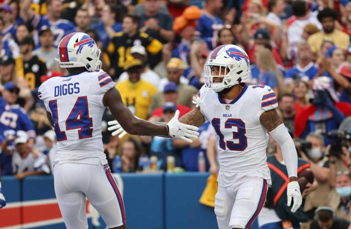 Former UCF wide receiver Gabriel Davis celebrates a touchdown with Stefon Diggs.